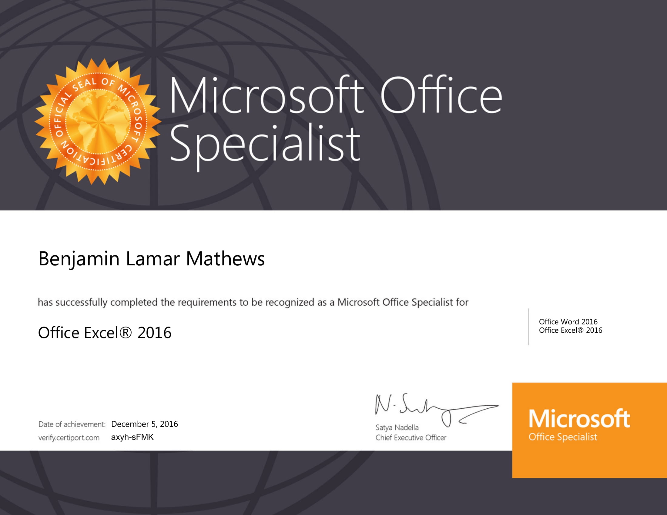 Microsoft Excel 2016 Certification